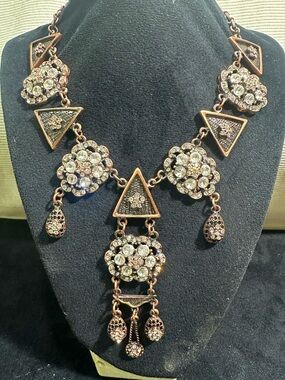 NOS: Vtg Bronze & Glass Rhinestone Statement Runway Necklace